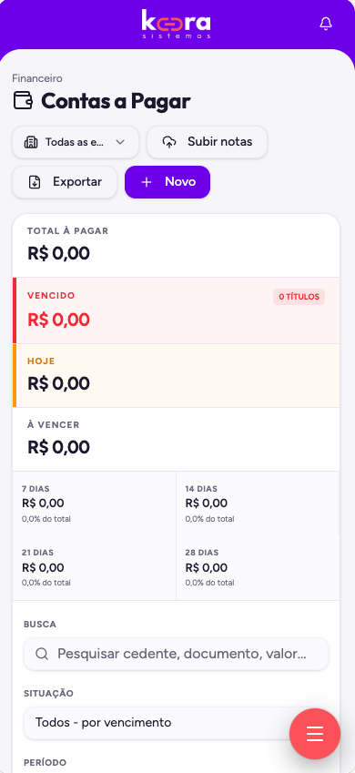 Kora ERP no celular: Contas a Pagar com totais e filtros