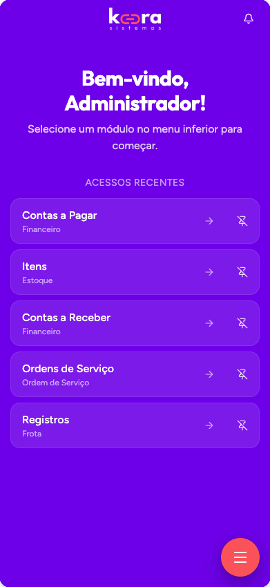 Kora ERP no celular: boas-vindas com acessos recentes