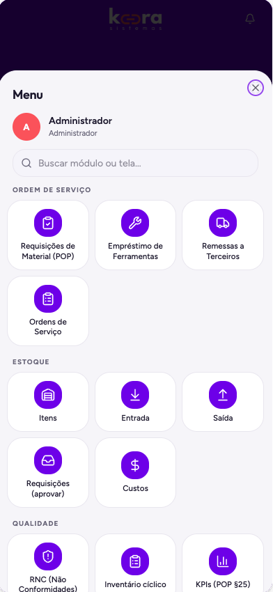 Kora ERP no celular: menu de módulos com busca