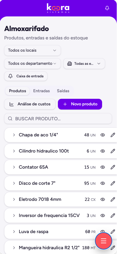 Kora ERP no celular: Almoxarifado com lista de produtos