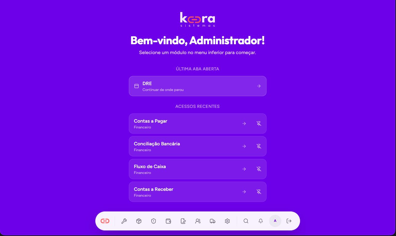 Tela real do Kora ERP: início com última aba aberta e acessos recentes
