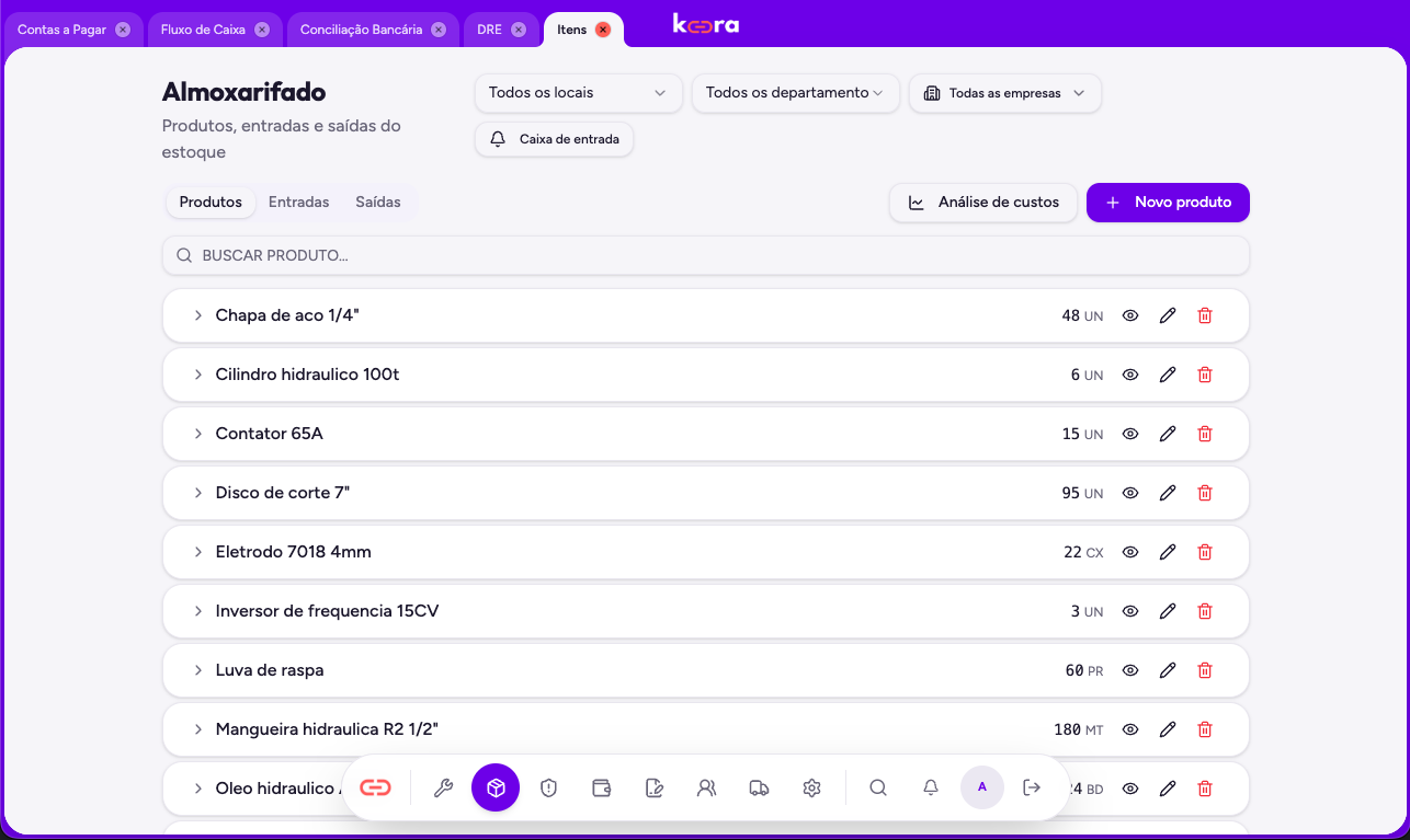 Tela real do Kora ERP: Almoxarifado com produtos, entradas e saídas de estoque